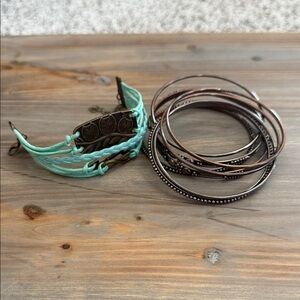Turquoise Braided Bracelet with Bronze Owl Accent and set of Dark Bronze Bangles